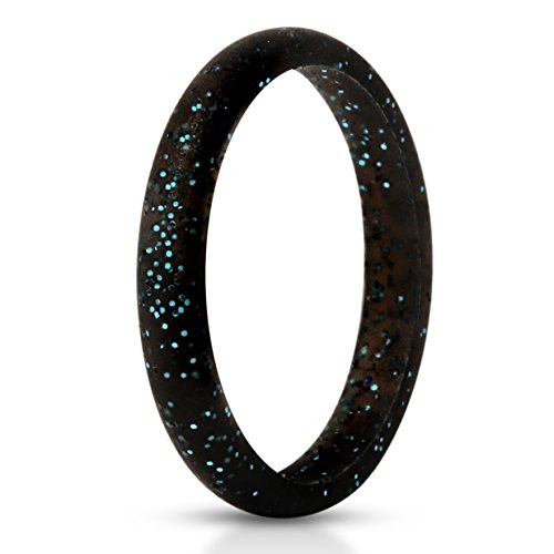 ThunderFit Silicone Wedding Band for Women,Thin Stackable 1 Ring - 2.5mm Width - 2mm Thick (Black with Teal Glitter, 9.5-10(19.8mm))