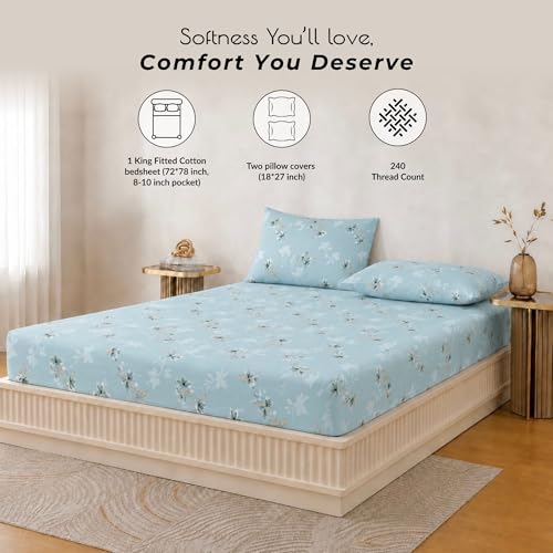 Image of King Size Elastic Fitted Bedsheet, 100% Pure Cotton King Size Fitted Bedsheet for Double Bed with 2 Pillow Covers, 240 TC, 72x78 Inches up to 8-inch Mattress, Floral (Serene Blue)
