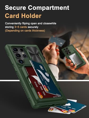 Image of Vihibii PC For Samsung Galaxy S24 Ultra Back Cover With Card Holder (4 Cards) & Slide Camera & Kickstand, Shockproof Case For Samsung S24 Ultra, Green