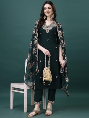 Image of NIVANA Floral Embroidered Regular Kurta with Trousers & Dupatta for Womens | Fashionable