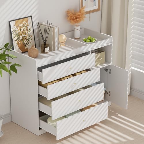 Image of 45.2 inch White Nursery Dresser with 5 Drawers and 1 Open Shelf Changing Table Dresser with Changing Table Top Diaper Changing Station with Storage for Nursery Children's Room