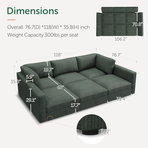 HONBAY Modular Sectional Sofa with Storage Corduroy Sectional Sleeper Sofa Modular Sectional Couches for Living Room,Green - Image 3