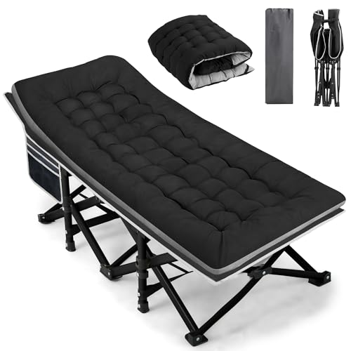 Fragess Portable Camping Cot, Sleeping Cots for Adults, 28' Extra Wide Heavy Duty Folding Cot Max Load 600LBS with Thick Mattress, Portable Camping Bed for Outdoor Camp/Office, Home Nap (Black)