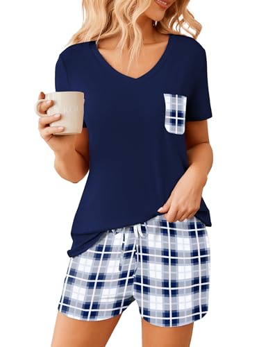 Image of Ekouaer Womens Pajama Sets Short Sleeve Pajamas for Women Sets Soft Lounge Sets Casual V Neck Sleepwear PJS