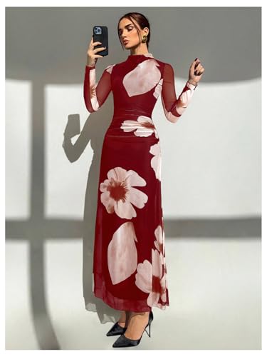 Image of Verdusa Women's Floral Wedding Guest Dress Long Sleeve Mesh Slimming Cocktail Vacation Maxi Dresses