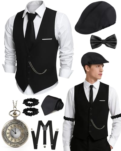 HaBaeBae 1920s Mens Costume Roaring 20s Costumes For Men Newsboy Hats For Men 1920s Mens Outfit With Hat Vest Pocket Watch Tie Armband Bow Tie Suspenders