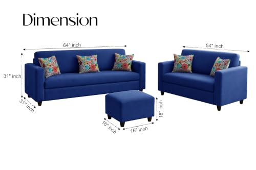 Image of Rosebell 3+2 Fabric Sofa Set with Ottoman | Premium Upholstery 5-Seater Sofa | with Printed Cushions | Living Room Furniture |Blue-Color