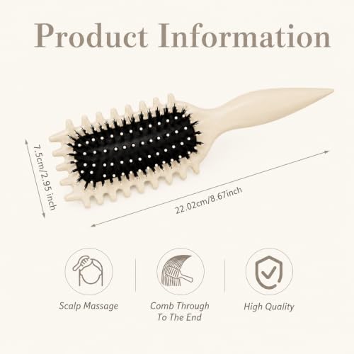 Image of Curly Curved Vented Hair Brush for Women & Men | Hollow Airflow Comb | Flexible Detangling Bristles with Comfortable Grip Handle | Blow-Dry Support & Scalp Massage Brush (Beige)