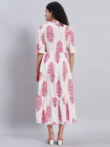 Image of PIDAVLIYA'S Women's Floral Summer Maxi Dress I Cotton Printed I One Piece Bodycon Midi Dress with V-Neck, Puffed Sleeves