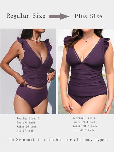 CUPSHE Women's Tankini Sets Two Piece Swimsuit V Neck Ruffled Ruched Tummy Control Ladder Trim (XS-4XL)2