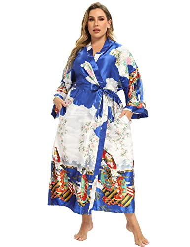 Image of Women's Floral Long Satin Robes Plus Size Long Silk Robes Peacock Floral Kimonos Sleepwear Dressing Gown
