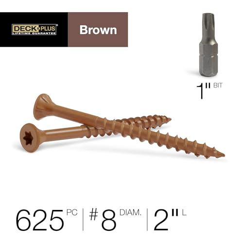 Image of Deck Plus 2 Inch Epoxy Coated Exterior Wood and Fence Screws #8 x 2 Torx /Star Drive Included Coarse Thread, Outdoor Rust Resistant Decking Screw, Brown, 5lb Box, 625 Pieces | 49005