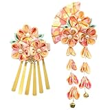 [JZOON] 髪飾り 七五三 髪飾り 2点セット つまみ細工 【9色展開】 成人式 浴衣 袴 着物 振袖 和装 花 卒業式 結婚式 鈴付き 子供 手作り 黄色とピンク H4607