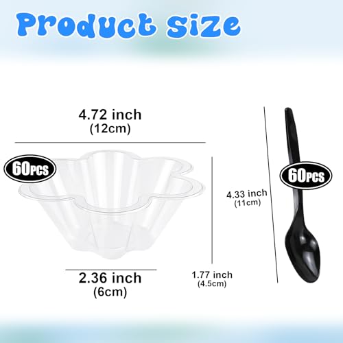 YOIYINI 60Pcs Plastic Dessert Cup with Spoons,8oz Flower Shape Ice Cream Bowls,Disposable Ice Cream Sundae Cups,Clear Ice Cream Containers for Frozen Yogurt,Fruit,Salad,Shaved Ice,Nuts (clear)