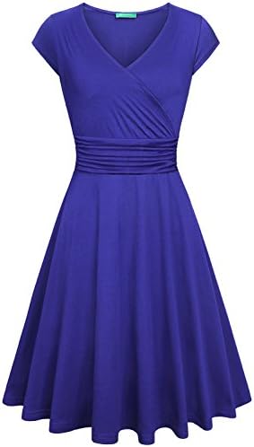 Kimmery Women's Cross V Neck Short Sleeve Fit Flare Empire Dress Blue M