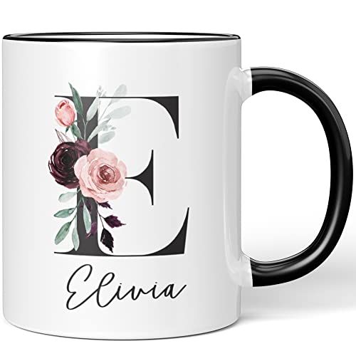 JUNIWORDS Tasse, Elivia, Name Anfangsbuchstabe Initial Alphabet Floral Buchstabe E Monogramm Motiv, Schwarz (5566656)