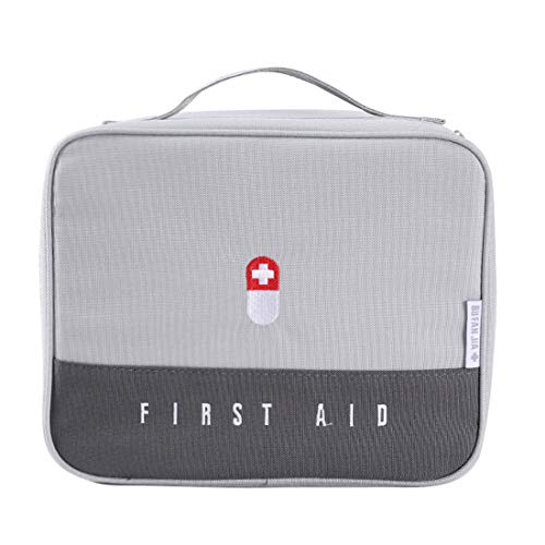 Zippered First Aid Bag Medication Organizer Emergency Empty Pouch Carrier with 5 Pockets Oxford Cloth Travel Medicine Pill Case with Handle Medical Embroidered Bags 9.84 x 7.87 x 5.31 inches (Gray)
