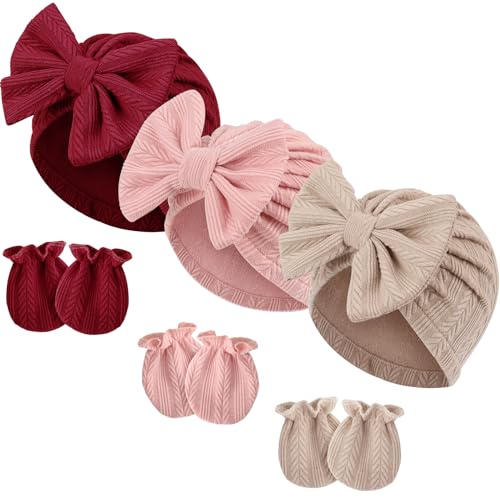Image of BQUBO Newborn Girls Hats Baby Hat and Mittens Set Infant Caps Bow Hospital Beanie with No Scratch Mittens for Baby Boys Girls
