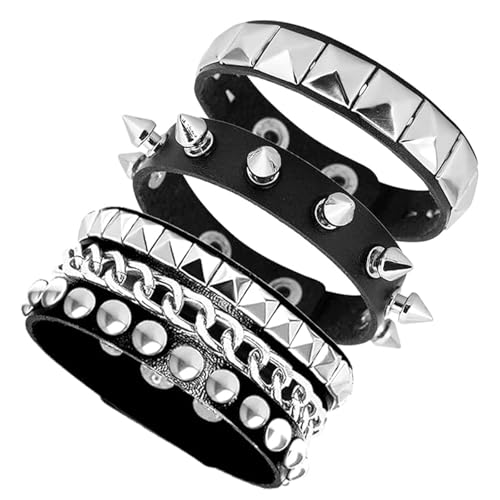 CERCTLA 3 peças pulseiras de couro punk rock, pulseiras de punk de couro, pulseira ajustável dos anos 80 para homens e mulheres, Halloween festa de disfarces atuação de banda