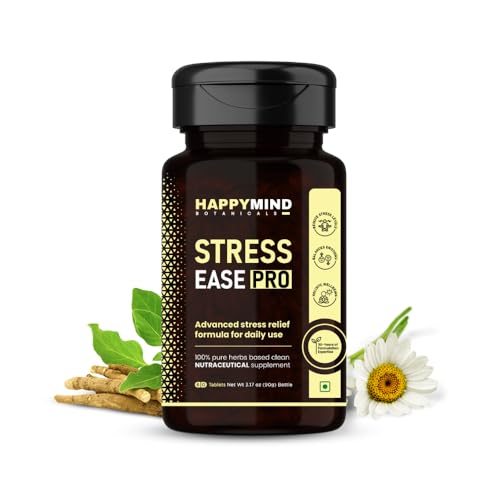 Image of HappyMind Botanicals Stress Ease Pro | Ayurvedic Stress relief, Anti-anxiety & Cortisol Support Tablets | Serotonin, Mood Booster & Balances Emotions | Ashwagandha, Jatamasi, Brahmi | 60 Vegan Tablets