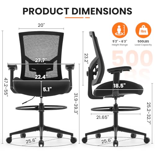 Image of 500lbs Drafting Chair,Big and Tall Office Chair for Standing Desk with Wide Seat,2D Adjustable Lumbar Support,Ergonomic Office Chair with Footrest for Home,Drawing or Counter Height Use