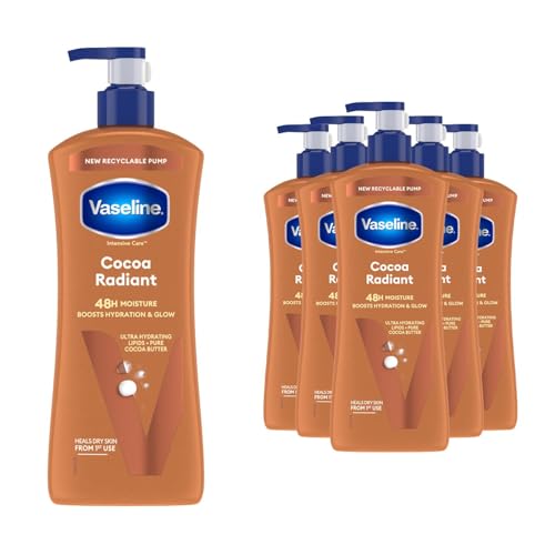 Vaseline Intensive Care Body Lotion Cocoa Radiant 6 Pack, Deeply Moisturising Body Moisturiser for Dry Skin, With Cocoa Butter and Micro Droplets of Vaseline Jelly, 600 ml