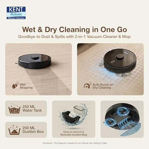 Image of KENT RoboKlean R1 Black 2-in-1 AI Robotic Vacuum Cleaner & Mop, 8500Pa Suction, 5200mAh Battery, 3D Mapping, Laser Navigation, Wet & Dry Cleaning, 260 Minutes Run-Time, Floor & Carpet, Anti Fall