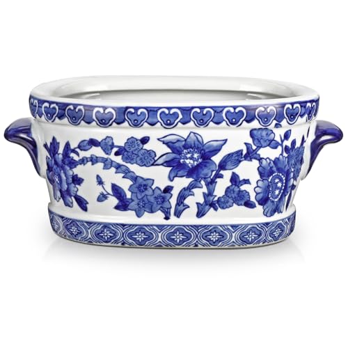 Blau-Weißer Keramikvase– Ovaler Übertopf im Porzellan-Stil mit Blumenmuster – Dekorative Schale Pflanztopf für Zimmerpflanzen, Orchideen & Kunstblumen – 19 cm