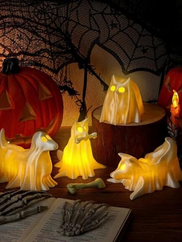 Riakrum 4 Set Halloween Gifts Glowing Ghost Dogs with LED Tea Lig...