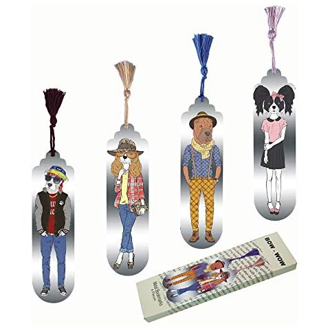 Pictor Gift Bow – Wow Decorative 4 Piece Bookmark Set, Artwork Dogs, Puppy Metal Pressed with Suede Back Cover