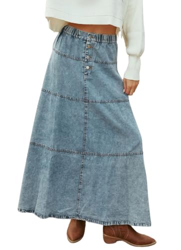 chouyatou Women's Vintage A-Line Maxi Denim Skirt Elastic High Waist Cowgirl Long Jean Tiered Skirt
