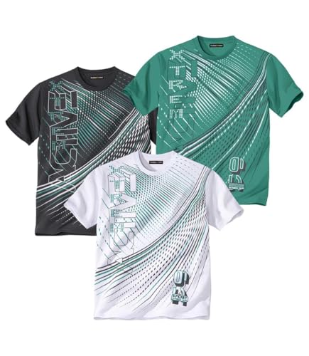 ATLAS FOR MEN - Lot de 3 Tee Shirts Homme - 100% Polyester - Manches Courtes - Col Rond - Active Sport - Grandes Tailles du M au 5XL - Vert Blanc et Anthracite