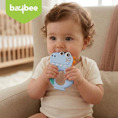 Image of Baybee Dino Teether for Baby Easy to Grab & Hold | 100% Food Grade Silicone & BPA Free Teething Toys for Babies | Baby Pacifier & Soft Chew Toy Teethers for 6 to 12 Months Boys Girls (Blue)