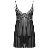 Sholeno Men's Lace Babydoll Sexy V Neck Mesh Sheer Sissy Crossdressing Chemise Nightdress Pajamas Black X-Large
