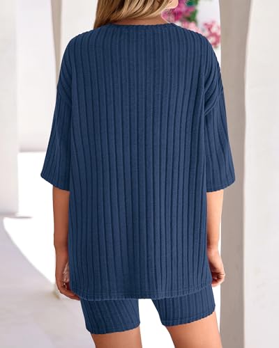 Image of KIRUNDO Short Sets For Women Summer 2 Piece Matching Lounge Sets Casual Rib Knit Tshirts Biker Shorts Beach Vacation Outfits