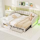 Merax Twin XL to King Extendable Upholstered Daybed with Trundle, 2 Storage Drawers & Lights, Convertible Sleeper Sofa Bed, Beige Linen Fabric, Solid Pine Wood Frame, No Box Spring Needed, Beige