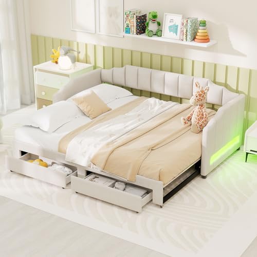 Merax Twin XL to King Extendable Upholstered Daybed with Trundle, 2 Storage Drawers & Lights, Convertible Sleeper Sofa Bed, Beige Linen Fabric, Solid Pine Wood Frame, No Box Spring Needed, Beige