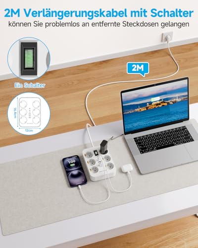 Steckdosenleiste 6-Fach mit USB (3 USB-A 3 USB-C) Mehrfachsteckdose Wandmontage, Steckdose mit Schalter und 2M Verlängerungskabel Überspannungsschutz Steckdose, Weiß 5