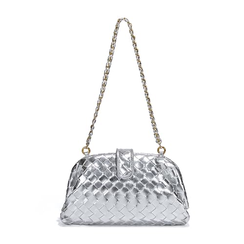 Woven Leather Clutch for Women, Underarm Shoulder Bag Crossbody Purse with Metal and Extender Chain