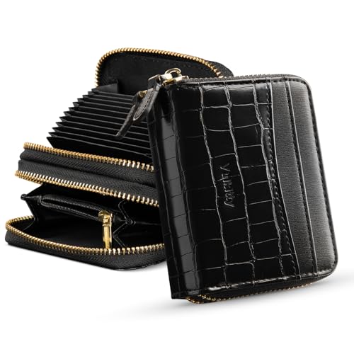 Vulkitty Damen Geldbörse mit Kreditkartenetui Akkordeon-Kartenetui aus Leder RFID-blockierende kleine Geldbörse mit Münzfach mit Reißverschluss