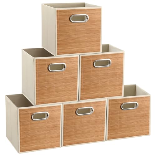 Snuvid 10.5x10.5in Bamboo Storage Cubes Storage Baskets, 6-Pack Foldable Handwoven Bamboo Strip...