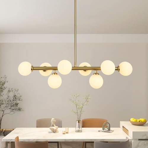 Ecoillumix Glass Globe Sputnik Chandelier, 8-Light Mid Century Modern Chandeliers, Dining Room Chandelier Over Table with Milk White Glass, 33" Linear Chandeliers for Dining Room, Kitchen Island-Gold