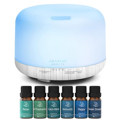 ASAKUKI 500ml Essential Oil Diffuser(White) with Essential Oil Blends Set