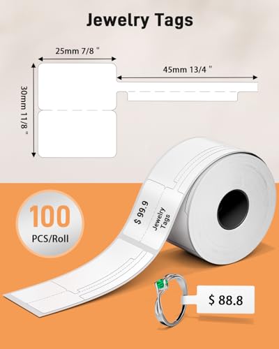 Image of Phomemo Thermal Labels,Self-Adhesive Jewelry Price Tags Compatible with M100 /M110 /M220 /M250 Label Printer, 1.18 x 0.98 Inch (30x25mm+45mm Stickers for Cabel, Colthing, Business, 100PCS x 3 Roll