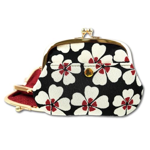 Cute Women's Wallets [ Made in Japan ] Double Structured Kiss Locks with Traditional Edo Komon Design (Modern cherry blossom (black))