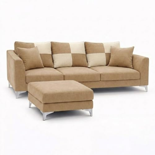 Image of Romeo Rich 4 Seater L Shape Sofa Set with Movable Ottomans | Flexible Layout | Velvet Suede Fabric | Golden Aesthetic Legs | Modern Sofa for Living Room (Beige)