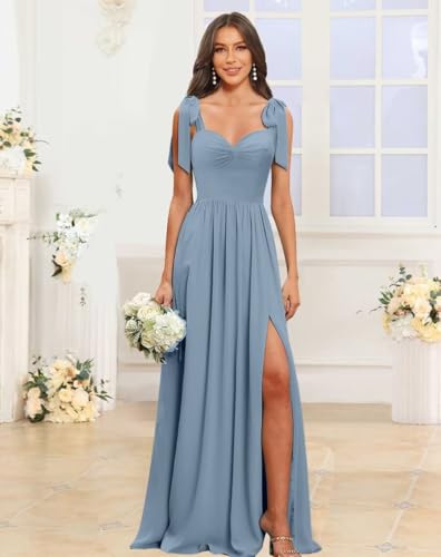 Women's Bow Straps Chiffon Bridesmaid Dresses with Slit Long Pleated Formal Evening Dress2