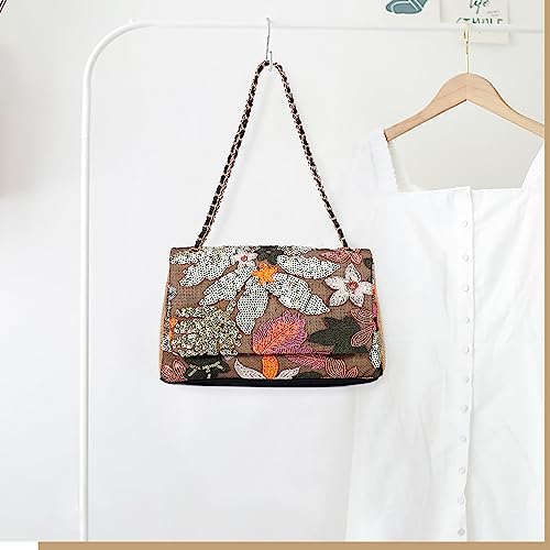 Image of Tote Bag for Women, Beach Bag, Handmade Sequin Embroidery Straw Bag Bohemian Handbag Large Capacity Shoulder Bag Suitable for Vacation, Travel, Daily, Banquet(Silver Flower)
