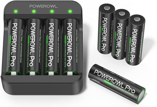 POWEROWL 8 AA Pilas de Litio con Cargador de batería, Alta Capacidad de Larga duración 1,5 V AA para Dispositivos de Alta tecnología