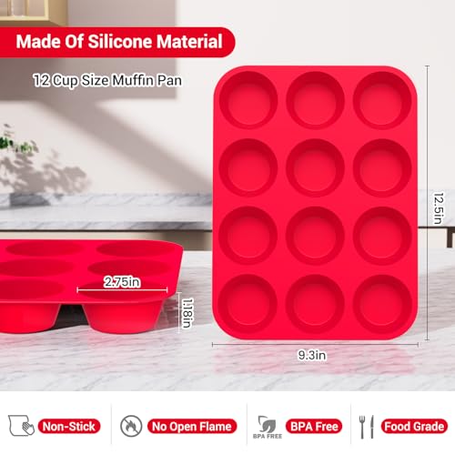 Redfly 2 Pack Silicone Muffin Pan & Cupcake Pans for Baking - 12 Cup Regular Size BPA Free Egg Bites Molds